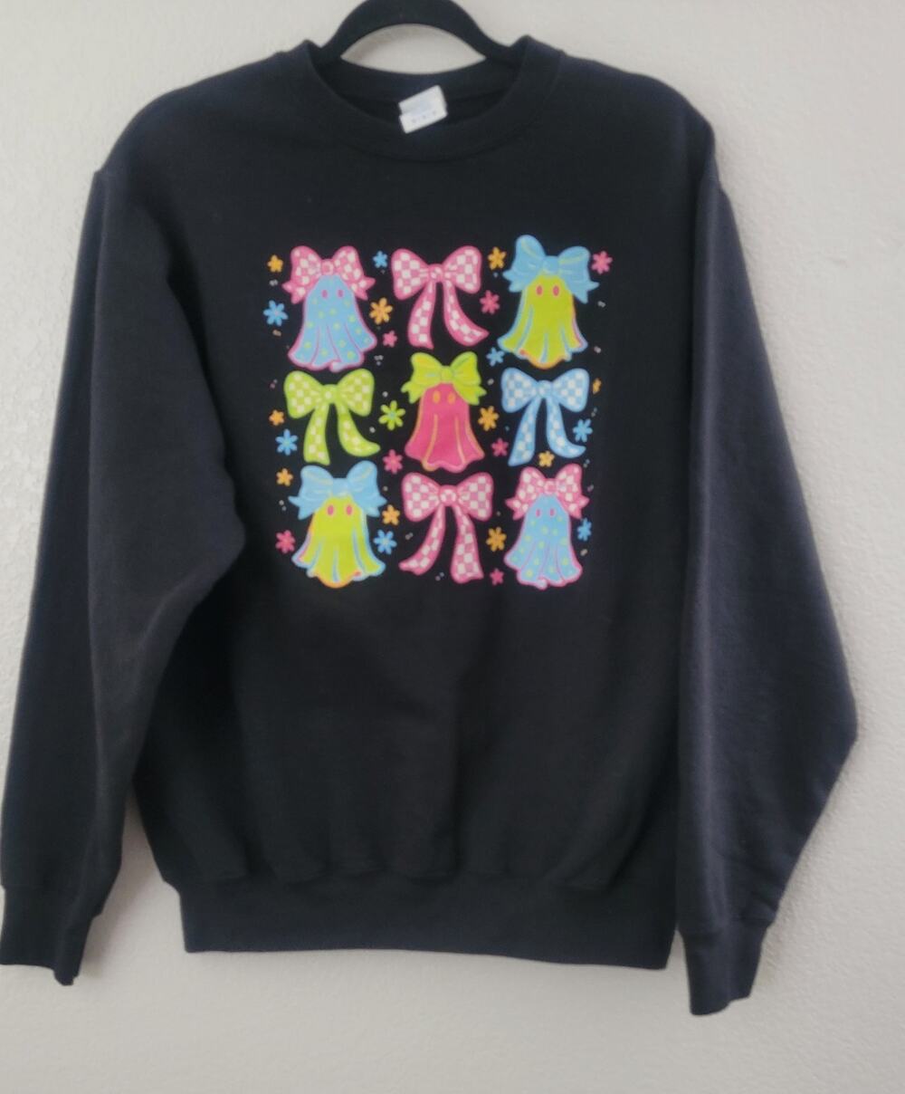 Ghost Coquette Bow Halloween Sweatshirt Black Crewneck Graphic Adult Medium